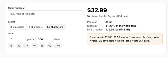 The ENSWhois calculator for 5 years 364 days: $32.99, with 6 years at $27.00.